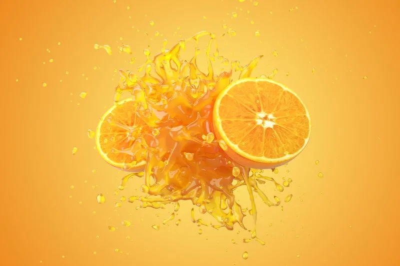 Explosion Orange juice liquid with Orange fruit on yellow background. 3D Render.