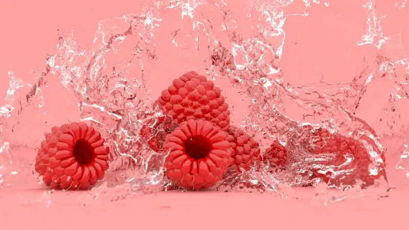 raspberries on a red background in splashes of water