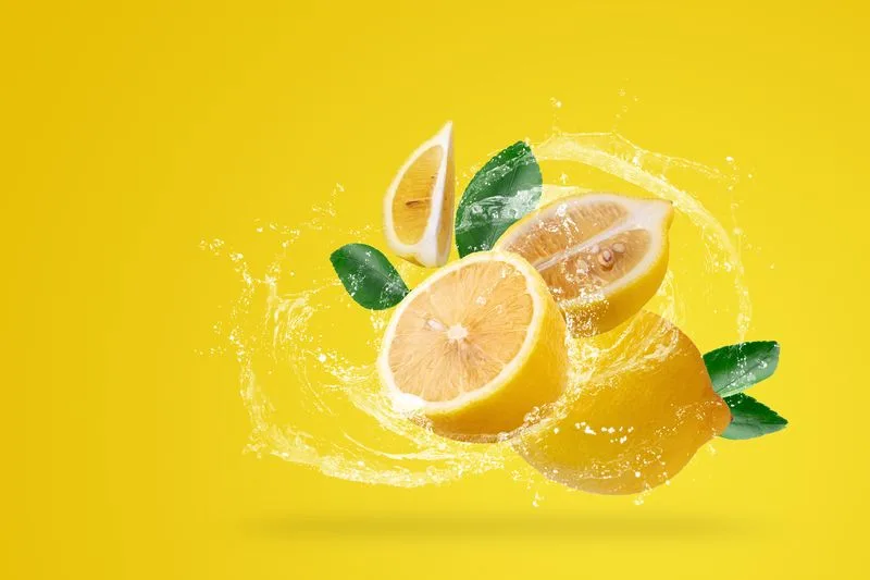 Water Splashing and yellow lemon fruit on a yellow background.